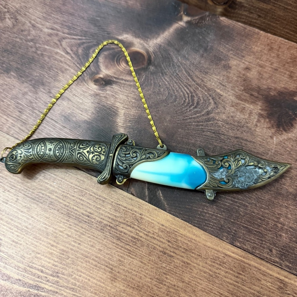 Vintage Deco Dagger Letter Opener Stainless China Metal Ornate Turquoise Marbled